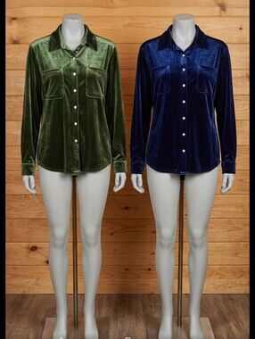Velvet Button Down Shirt - Green and Blue